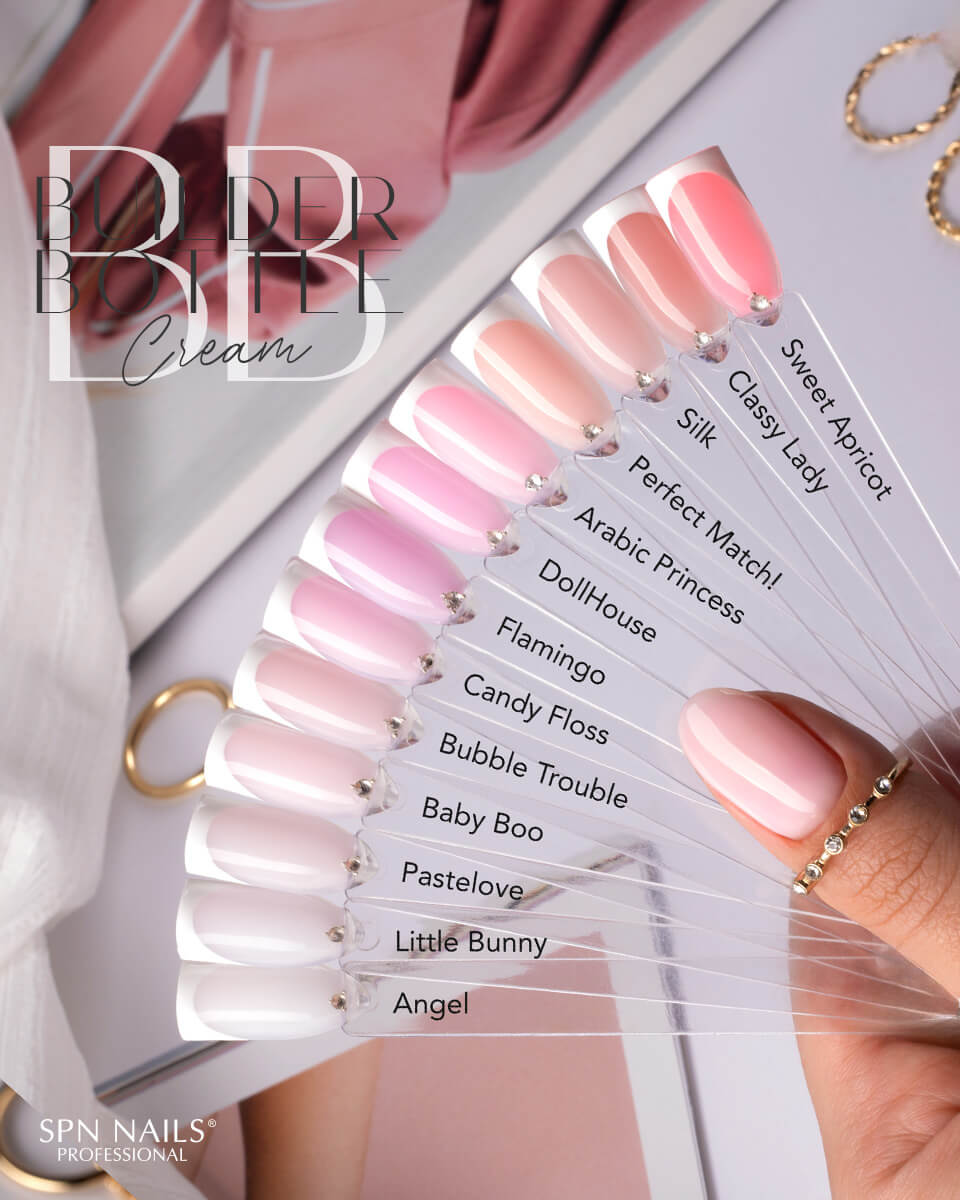 Wzorniki prezentujące różne odcienie żeli w butelce